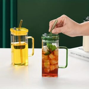 Colored Handle Glass Tumbler with Silicone Straw and Lid 400ml (Multicolor)
